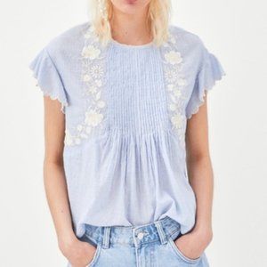 NWT Zara Size S Blue Striped Embroidered Floral Top